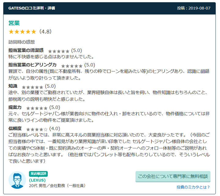 GATESの口コミ評判・評価　営業は星4.8
